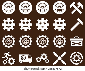 Tools and Smile Gears Icons. Vector set style: flat images, white color, isolated on a brown background.