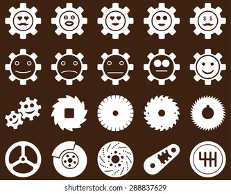 Tools and Smile Gears Icons. Vector set style: flat images, white color, isolated on a brown background.