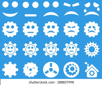 Tools and Smile Gears Icons. Vector set style: flat images, white color, isolated on a blue background.