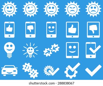 Tools and Smile Gears Icons. Vector set style: flat images, white color, isolated on a blue background.