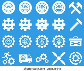 Tools and Smile Gears Icons. Vector set style: flat images, white color, isolated on a blue background.