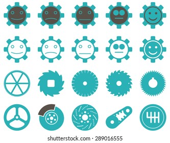 Tools and Smile Gears Icons. Vector set style: bicolor flat images, grey and cyan colors, isolated on a white background.