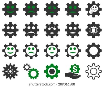 Tools and Smile Gears Icons. Vector set style: bicolor flat images, green and gray colors, isolated on a white background.