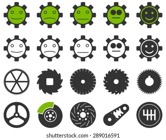 Tools and Smile Gears Icons. Vector set style: bicolor flat images, eco green and gray colors, isolated on a white background.