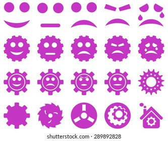 Tools and Smile Gears Icons. Vector set style: flat images, violet color, isolated on a white background.