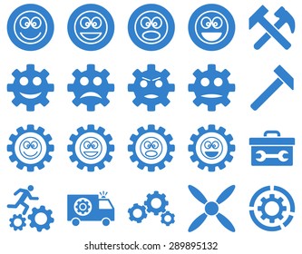 Tools and Smile Gears Icons. Vector set style: flat images, cobalt color, isolated on a white background.