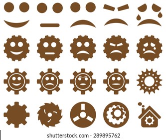 Tools and Smile Gears Icons. Vector set style: flat images, brown color, isolated on a white background.