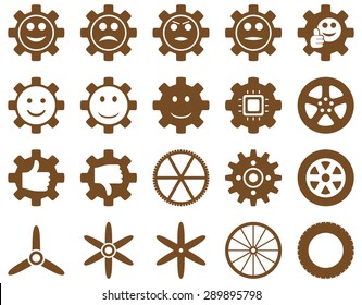 Tools and Smile Gears Icons. Vector set style: flat images, brown color, isolated on a white background.
