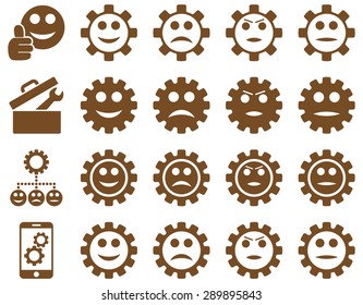 Tools and Smile Gears Icons. Vector set style: flat images, brown color, isolated on a white background.