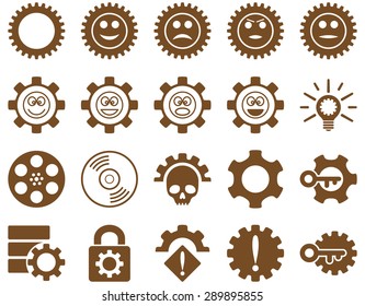 Tools and Smile Gears Icons. Vector set style: flat images, brown color, isolated on a white background.