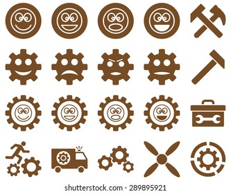 Tools and Smile Gears Icons. Vector set style: flat images, brown color, isolated on a white background.