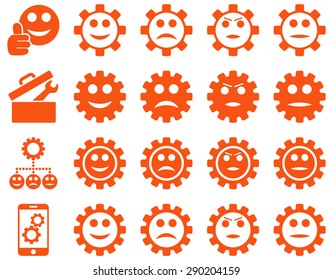 Tools and Smile Gears Icons. Vector set style: flat images, orange color, isolated on a white background.