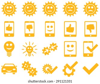 Tools and Smile Gears Icons. Vector set style: flat images, yellow color, isolated on a white background.
