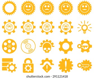 Tools and Smile Gears Icons. Vector set style: flat images, yellow color, isolated on a white background.