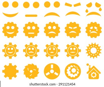 Tools and Smile Gears Icons. Vector set style: flat images, yellow color, isolated on a white background.