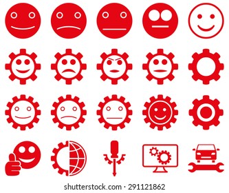 Tools and Smile Gears Icons. Vector set style: flat images, red color, isolated on a white background.