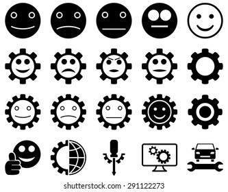 Tools and Smile Gears Icons. Vector set style: flat images, black color, isolated on a white background.