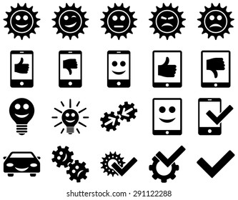 Tools and Smile Gears Icons. Vector set style: flat images, black color, isolated on a white background.