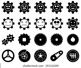 Tools and Smile Gears Icons. Vector set style: flat images, black color, isolated on a white background.