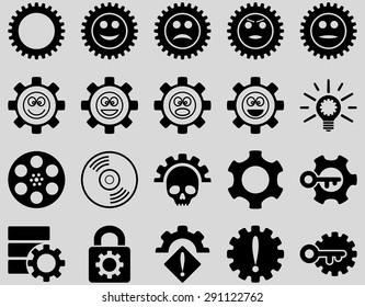 Tools and Smile Gears Icons. Vector set style: flat images, black color, isolated on a light gray background.