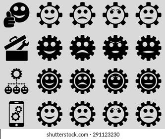 Tools and Smile Gears Icons. Vector set style: flat images, black color, isolated on a light gray background.