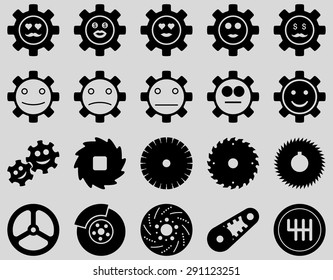 Tools and Smile Gears Icons. Vector set style: flat images, black color, isolated on a light gray background.