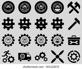 Tools and Smile Gears Icons. Vector set style: flat images, black color, isolated on a light gray background.