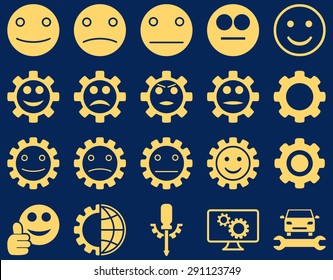 Tools and Smile Gears Icons. Vector set style: flat images, yellow color, isolated on a blue background.