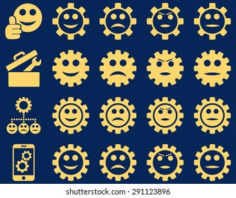 Tools and Smile Gears Icons. Vector set style: flat images, yellow color, isolated on a blue background.