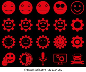 Tools and Smile Gears Icons. Vector set style: flat images, red color, isolated on a black background.