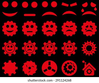 Tools and Smile Gears Icons. Vector set style: flat images, red color, isolated on a black background.