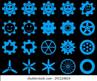 Tools and Smile Gears Icons. Vector set style: flat images, blue color, isolated on a black background.