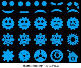 Tools and Smile Gears Icons. Vector set style: flat images, blue color, isolated on a black background.