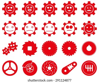 Tools and Smile Gears Icons. Vector set style: flat images, red color, isolated on a white background.
