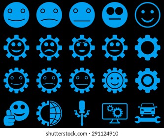 Tools and Smile Gears Icons. Vector set style: flat images, blue color, isolated on a black background.