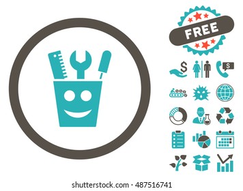 Tools Smile icon with free bonus symbols. Vector illustration style is flat iconic bicolor symbols, grey and cyan colors, white background.