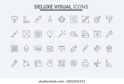 Tools and software for art design, vision and creative ideas of professional artist line icons set. Graphic tablet and computer settings for work thin black and red outline symbols vector illustration