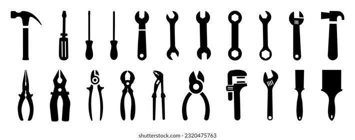 Tools solid icon set. Screwdriver, hammer, wrench, wire cutter, service and repair. Vector illustration