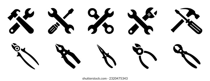 Tools solid icon set. Spanner sets, hammer, wrench, wire cutter, service and repair. Vector illustration