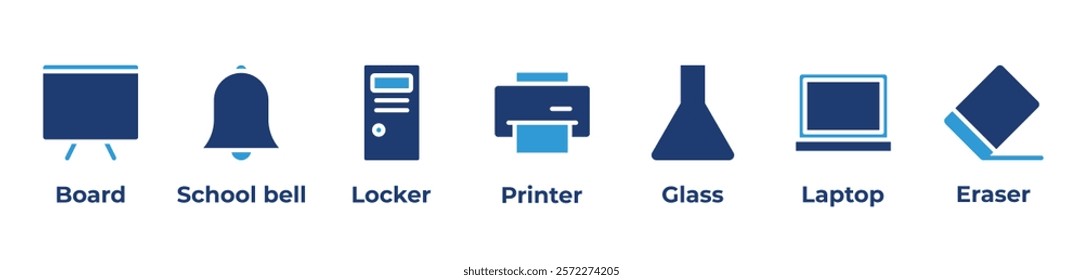 The Tools and Sounds of Learning Icons set vector illustration with Board, School bell, Locker, Printer, Glass, Laptop, Eraser