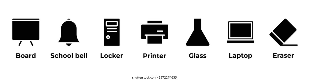 The Tools and Sounds of Learning Icons set vector illustration with Board, School bell, Locker, Printer, Glass, Laptop, Eraser