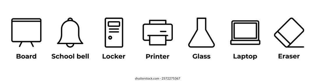 The Tools and Sounds of Learning Icons set vector illustration with Board, School bell, Locker, Printer, Glass, Laptop, Eraser