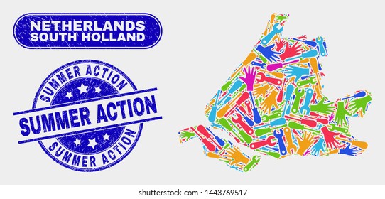 Tools South Holland map and blue Summer Action distress watermark. Bright vector South Holland map mosaic of tools components. Blue rounded Summer Action imprint.