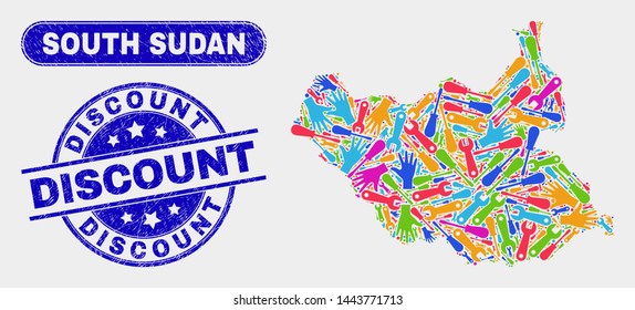 Tools South Sudan map and blue Discount grunge seal stamp. Colorful vector South Sudan map mosaic of equipment components. Blue rounded Discount stamp.