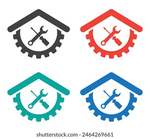 Tools spanner with wrench in gear under roof repaire service icon