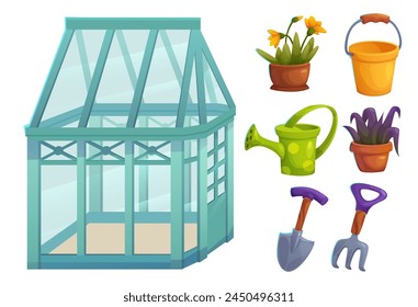 Tools and stuff for gardening and greenhouse. Cartoon vector set of agriculture equipment and supply - house with glass walls, plants and flowers in pot, shovel and rake, watering can and bucket.