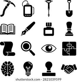 tools and symbols related to mining exploration and intellectual activities