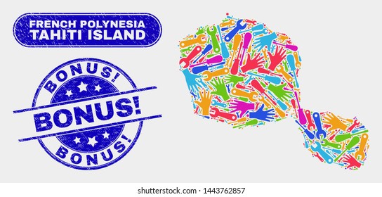 Tools Tahiti Island map and blue Bonus! textured seal stamp. Colorful vector Tahiti Island map mosaic of repair units. Blue rounded Bonus! stamp.