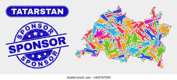Tools Tatarstan map and blue Sponsor textured stamp. Bright vector Tatarstan map mosaic of tools parts. Blue rounded Sponsor badge.