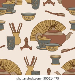 Tools for tea ceremony, hand drawn seamless pattern. Big collection of objects, tea set and fan. Chinese tradition with tea icon, illustration vector. Asian national motives